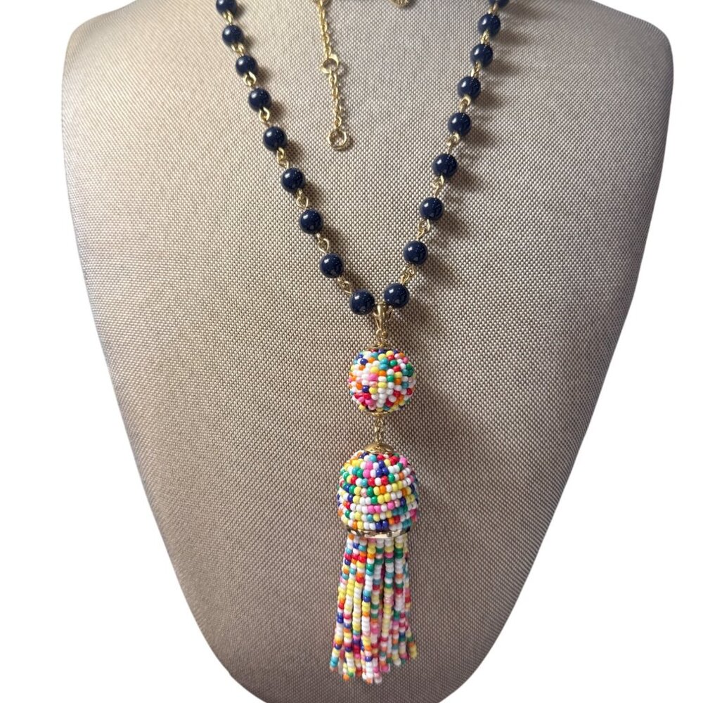 Talbots Beaded Necklace Gold Chain Multicolor Tassel Pendant 34" Long Statement